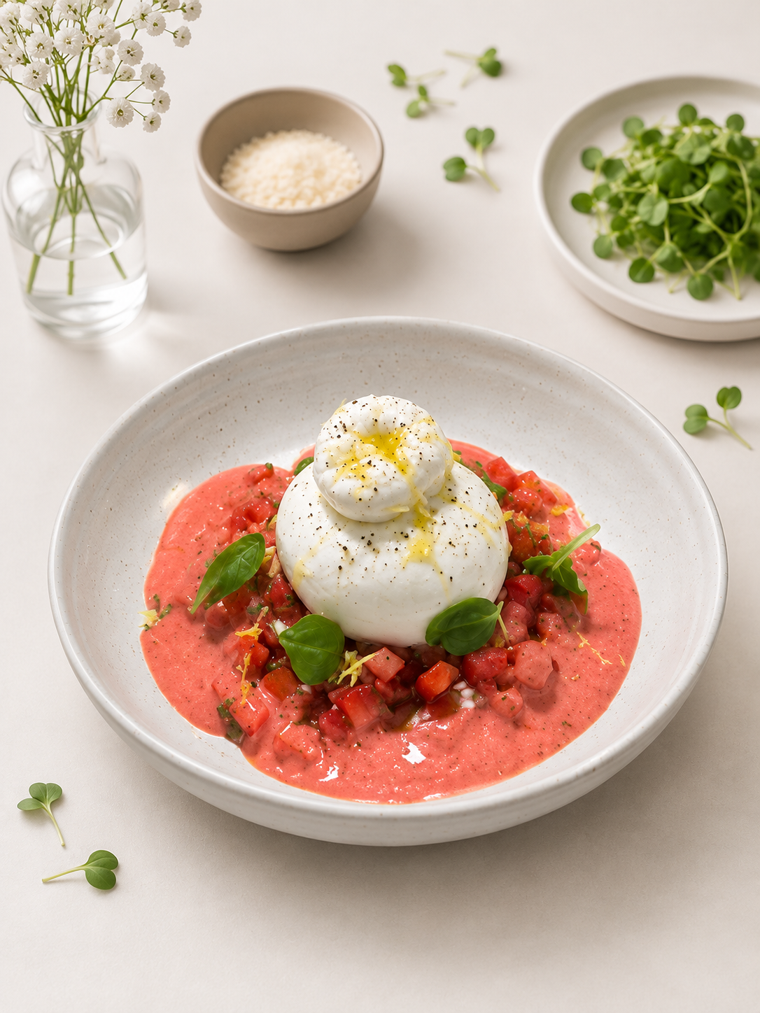 Krémová burrata s jahodami, paradajkami, bazalkou, citrónovou kôrou a poľníčkom Pink Greens
